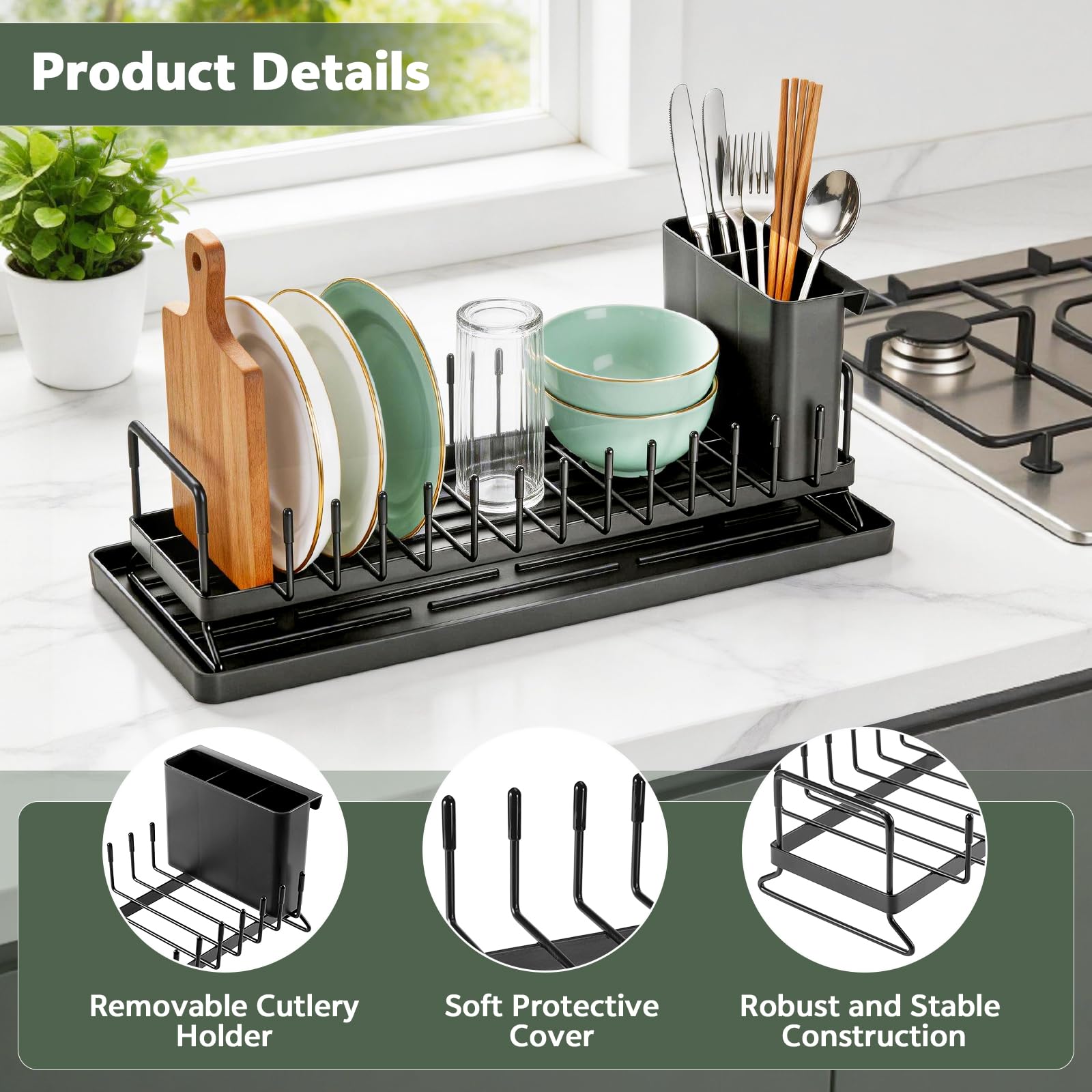 Zocipro Scolapiatti da Appoggio Compatto in Acciaio Inox con Tappetino in Silicone e Portaposate – Salvaspazio per Cucine Piccole, Monolocali, Case e Camper - Nero