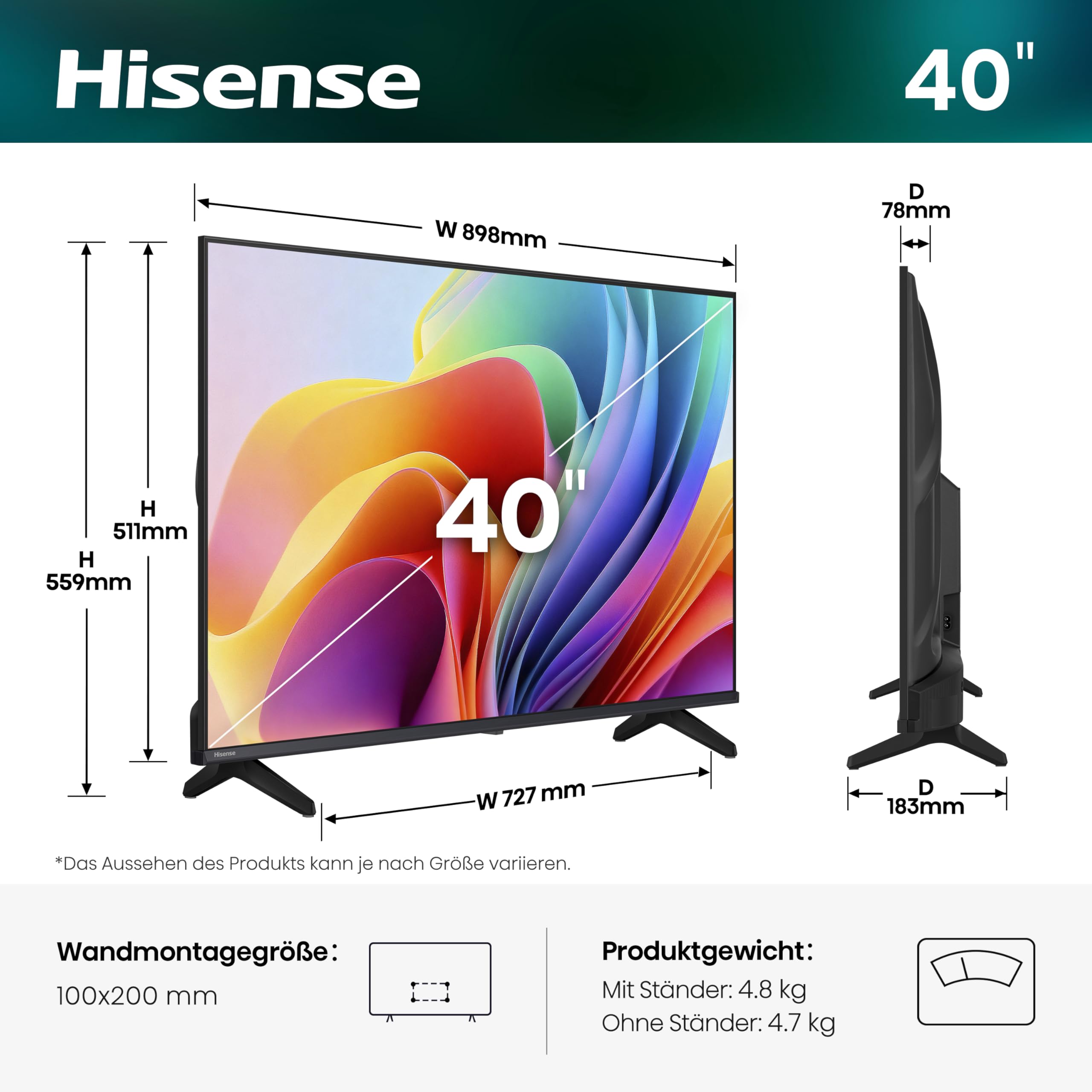 Hisense 40E4DS Fernseher 43 Zoll, 4K FHD Smart TV, Hi-View AI Engine, 60Hz Game Mode, Natural Colour Enhancer, Dolby Audio, DTS Virtual: X, Rauschunterdrückung, Airplay [2026]