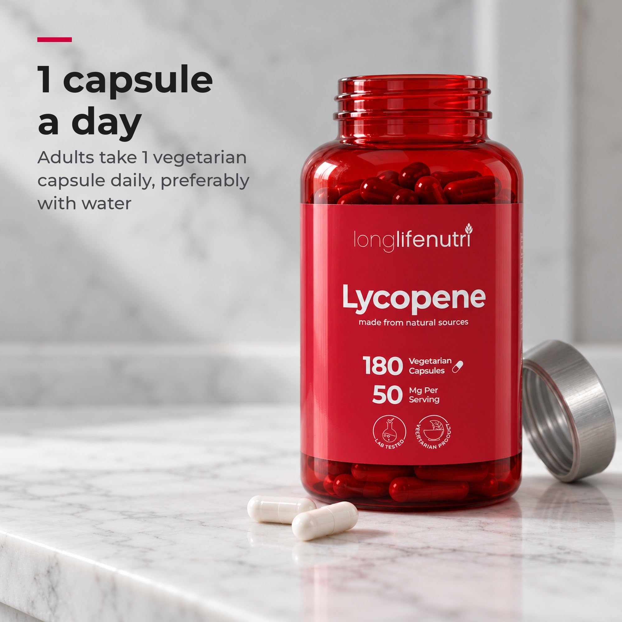 LongLifeNutri Lycopene 50mg, Natural Tomato Extract, 180 Veg Capsules — Amazon image 4