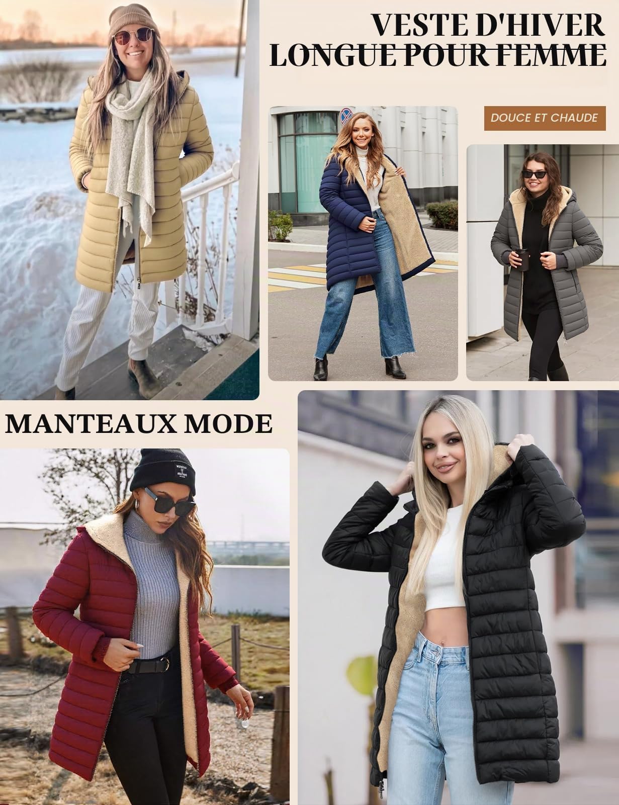Tuopuda Manteau Femme Hiver Matelassée Veste Polaire Chaud Parkas Blouson Zippée à Capuche mi Longue Coat Outercoat Slim Fit Casual Jacket avec Poches