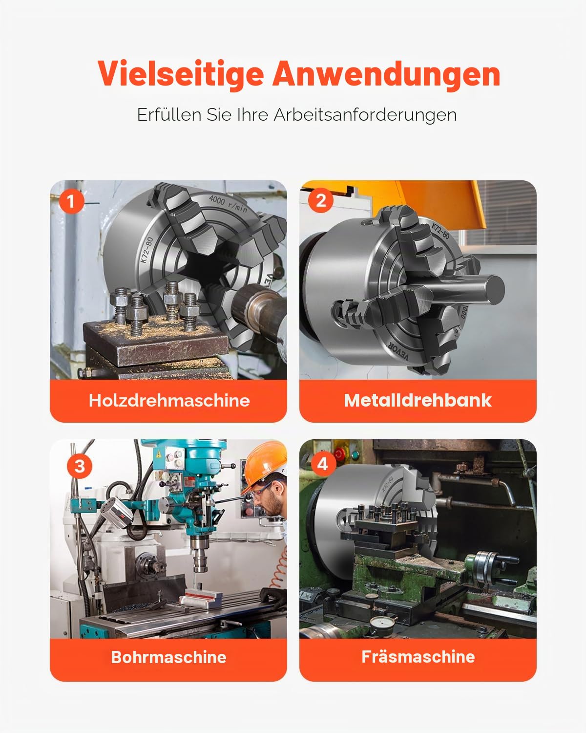 VEVOR 4-Backen-Drehfutter, 80 mm, Spannfutter, 5-80 mm Spannbereich mit T-Schlüssel-Befestigungsschrauben, umkehrbare Backen, HT300-Material, für Holz-Metall-Drehmaschine