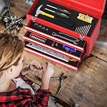 Happytools Portable Tool Box, Lockable Steel Tool Chest Cabinet w/ 3 Drawers & Top Tray, 3-Drawer Toolbox for Household, Warehouse, Repair shop, Red
