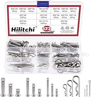 Hilitchi 122Pcs 304 Stainless Steel Clevis Pin and Clips Assortment Kit, Including 9 Styles M4 M6 M8 Single Hole Clevis Pin M1.5 M2 M3 Zinc Plated Steel Cotter Pin & R Clips Spring Retaining Hair Pins