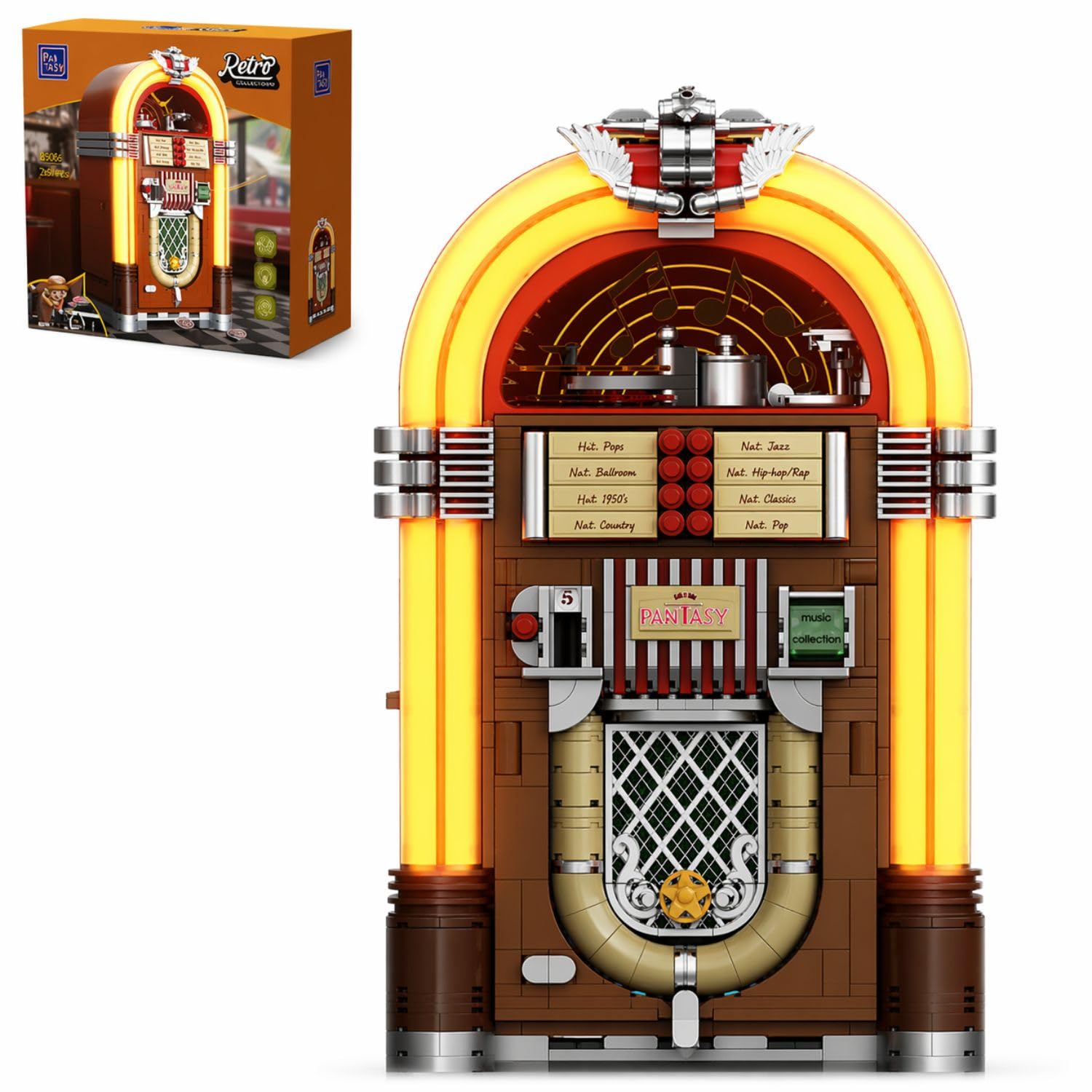 PANTASY Kit retrò jukebox con moneta e suono, modello musicale meccanico con dischi in acrilico, studio di registrazione e minifigure, kit da collezione come regalo per adulti e adolescenti