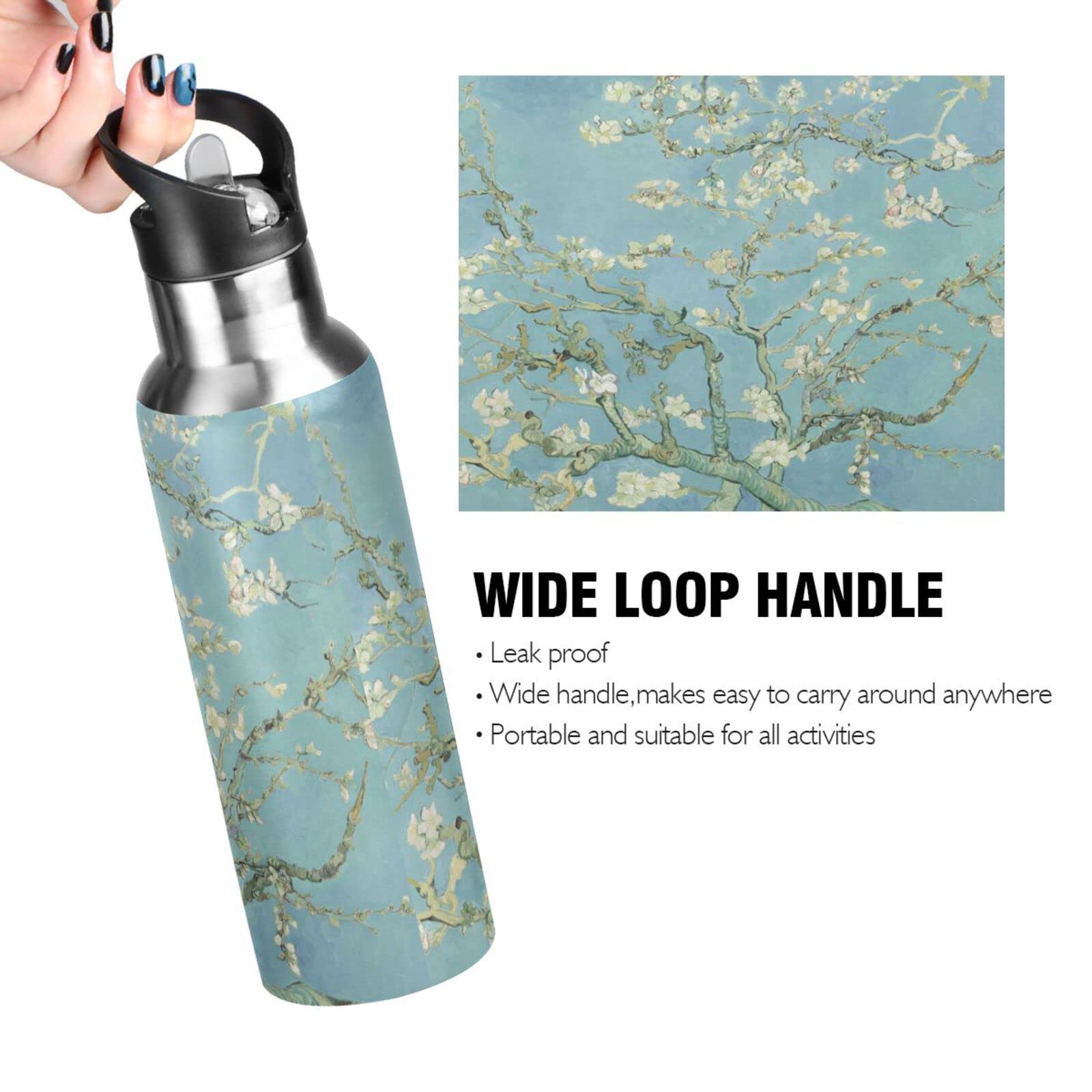 Mnsruu 34 Oz Water Bottle with Straw Van Gogh Almond Flower Tree Stainless Steel Water Bottle for Traveling Sports Leakproof Insulated Water Bottle - Image 4