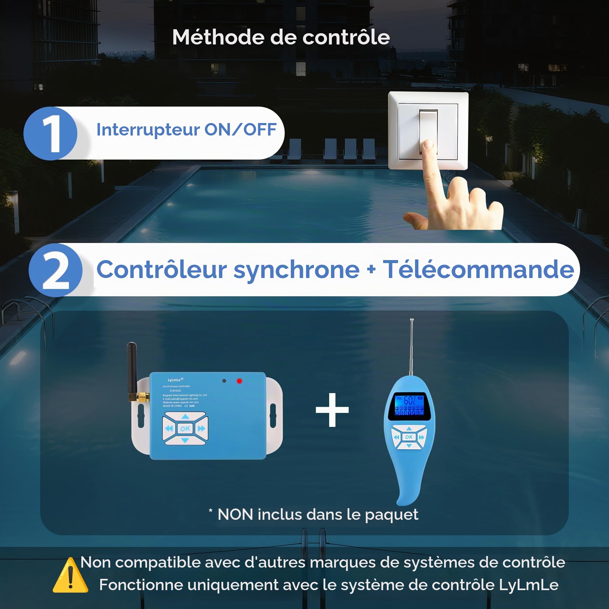 LyLmLe Projecteur Piscine LED Vissable avec Filetage 2", 25W Lampe Piscine RGB Contrôle Sync, Ø242mm, 12V AC Ampoule pour Piscines Préfabriquées Fibre, Hors-Sol Bois Acier, Sans Contrôleur