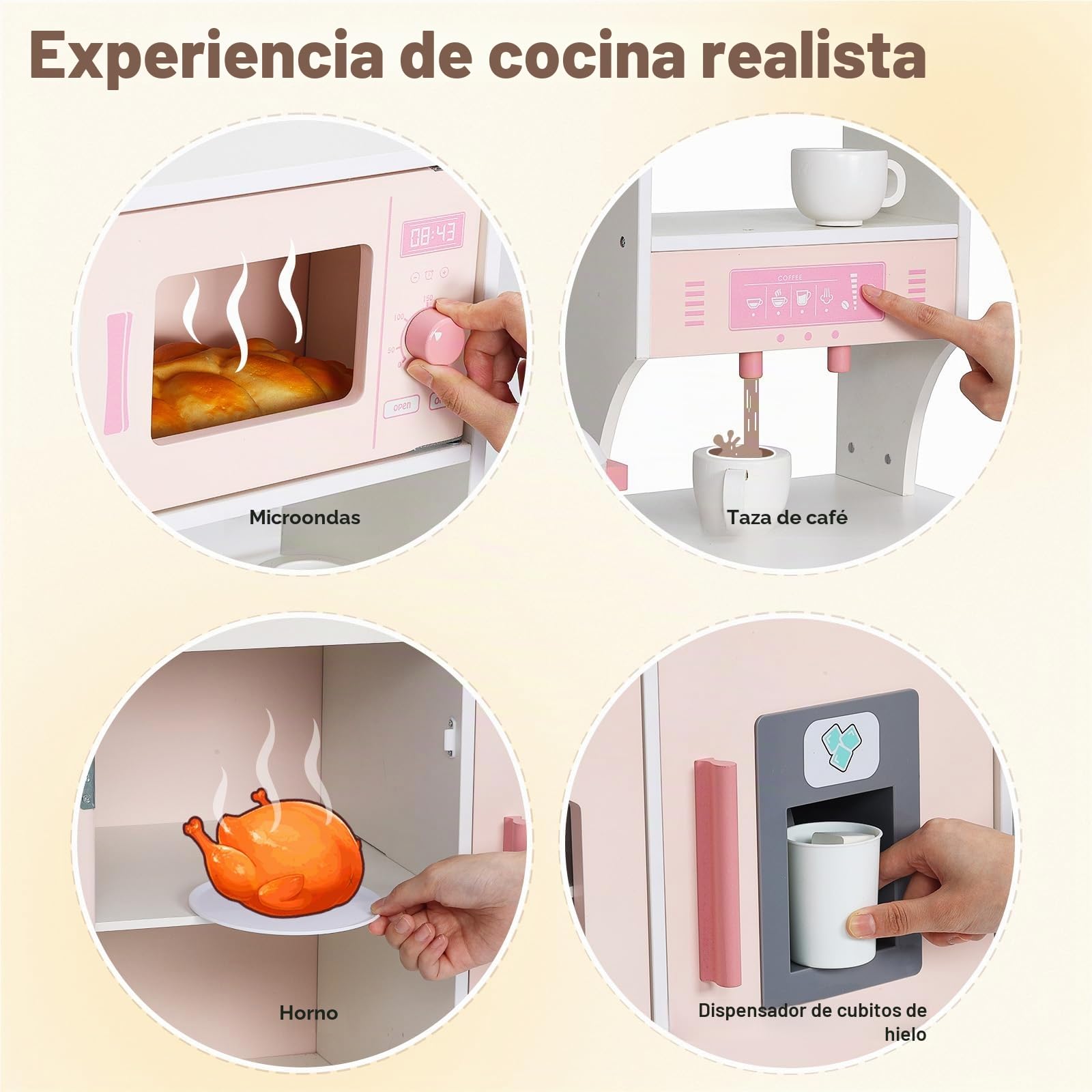 SainSmart Jr. Cocinita de madera para niños, color rosa – con luz y sonido, dispensador de hielo, microondas, horno y fregadero, gran cocina infantil con accesorios, juego de roles a partir de 3 años
