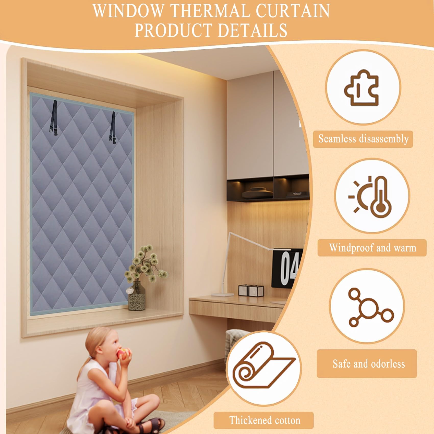 Fenster Isolierfolie 155 x 135 cm, Sonnenschutz, Thermorollo, Tragbare Reise, Anti-Uv, Hitzeschutz, Wärmende Baumwollvorhänge, mit Klettband für Wohnmobil, Grau
