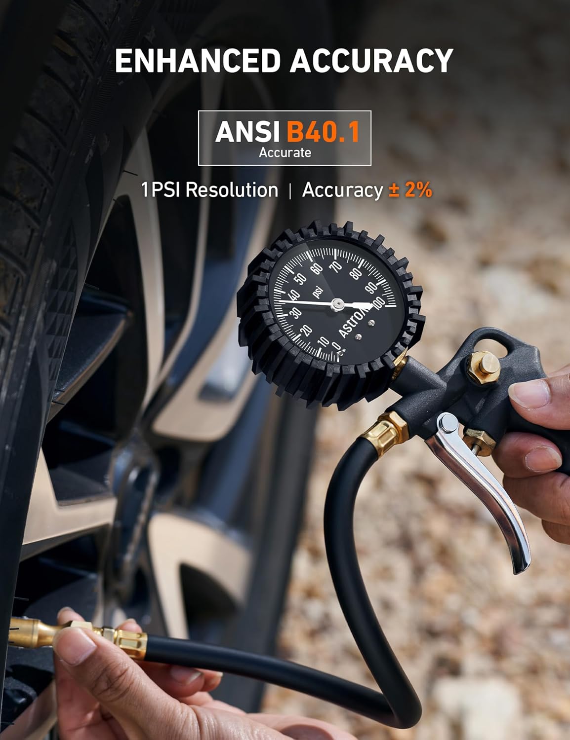 AstroAI Tire Pressure Gauge with Inflator, 100 PSI-ANSI B40.1 Accurate, Large 2.5" Easy Read Glow Dial, Heavy Duty Air Chuck and Compressor Accessories with Rubber Hose and Quick Connect Coupler - Image 3