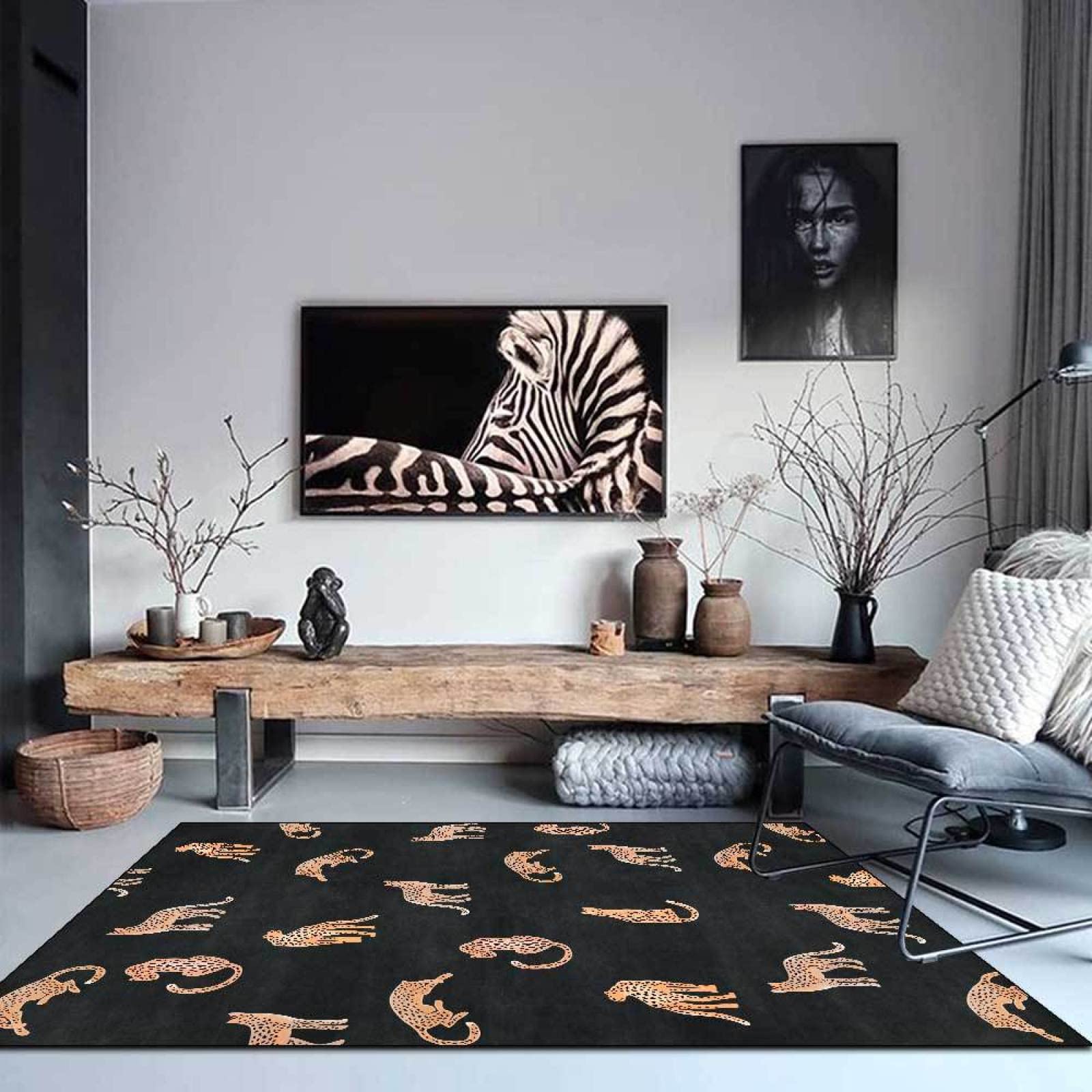 Tapis grand salon léopard 160x230 cm moderne noir à poil ras