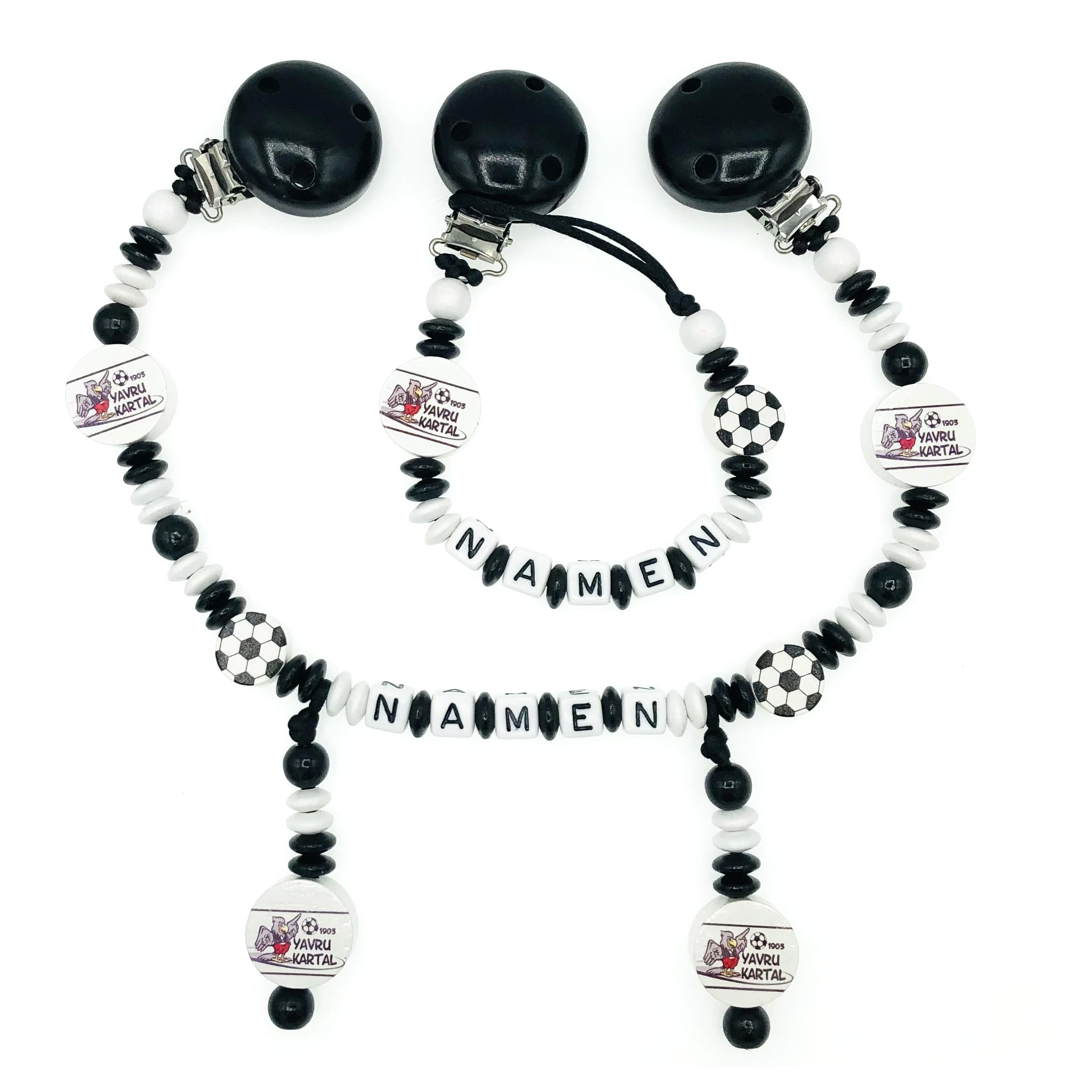 Set Nuckelkette + Kinderwagenkette mit Namen " für BESIKTAS fan - YAVRU KARTAL - FUßBALL " Schwarz Weiß/Baby/Unisex/Personalisiert/HANDMADE