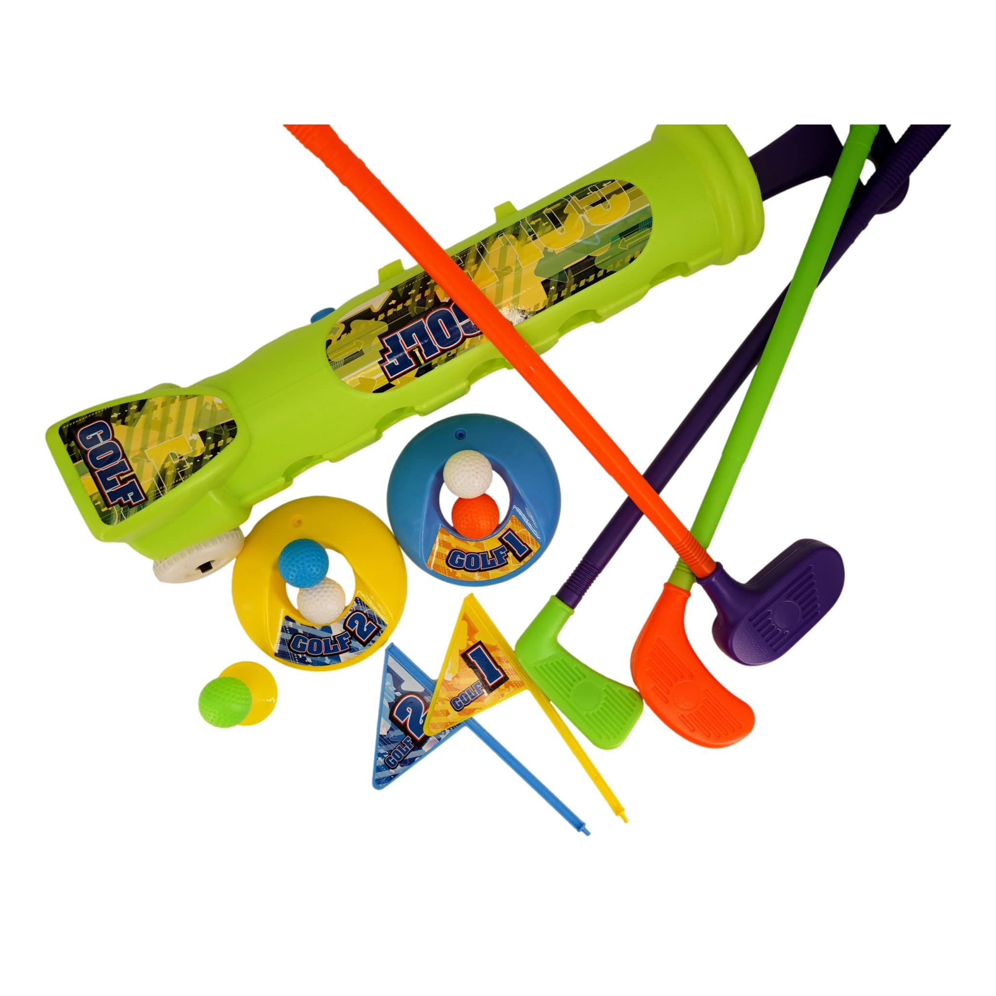 Kids Golf Club Set (Colors Vary) Rolling Bag/Cart 2 Practice Holes with Flags 2 Golf Tee 5 Balls Putter Driver Wedge Early Educational Exercise Toy