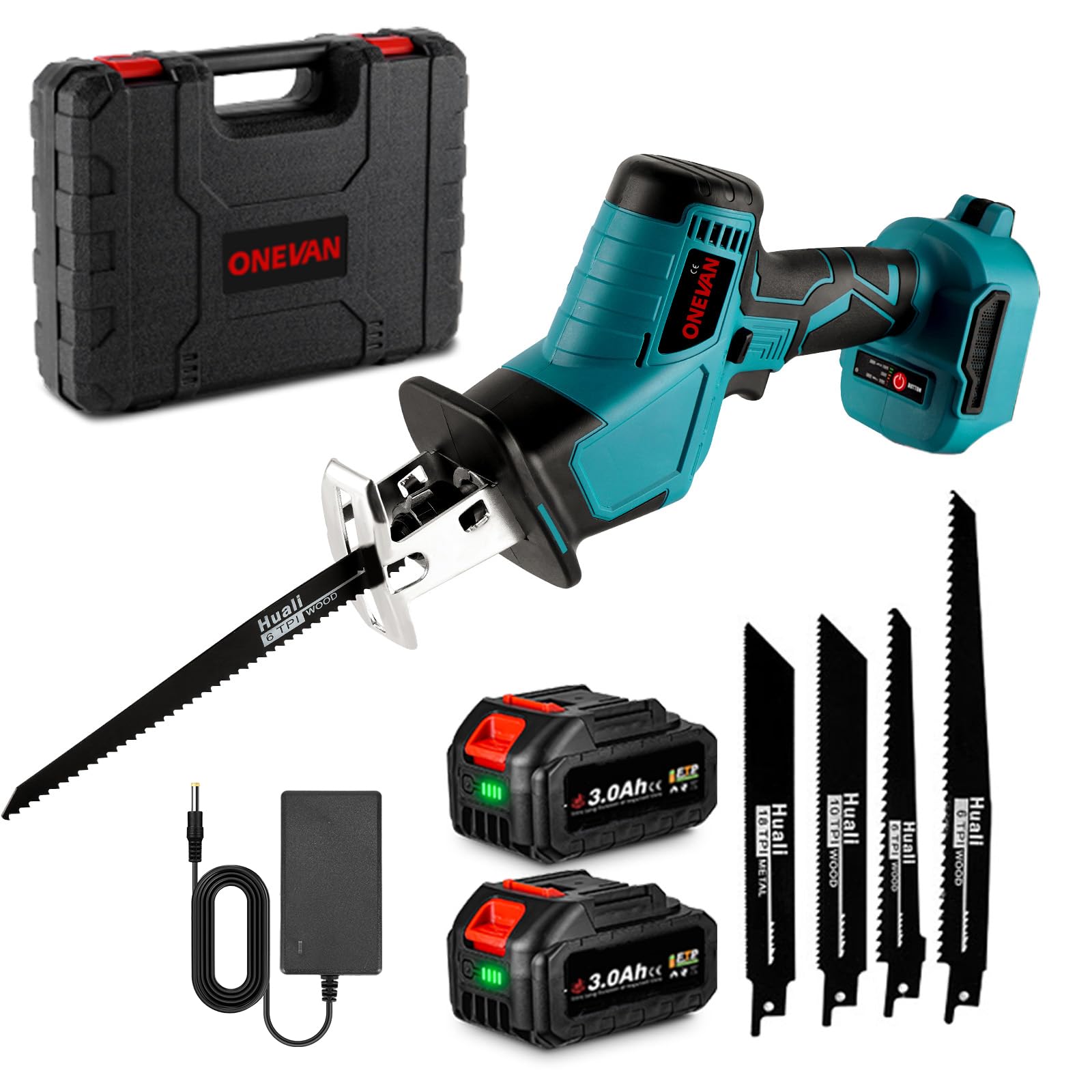ONEVAN Gattuccio a Batteria, 3100 SPM Sega a Gattuccio Elettrico Senza Spazzole, Corsa Alternativa 15mm, con 2 Batteria da 3,0Ah e 4 Lame per Seghe, per Tagliodi 255 mm (Legno), 130 mm (Alluminio)
