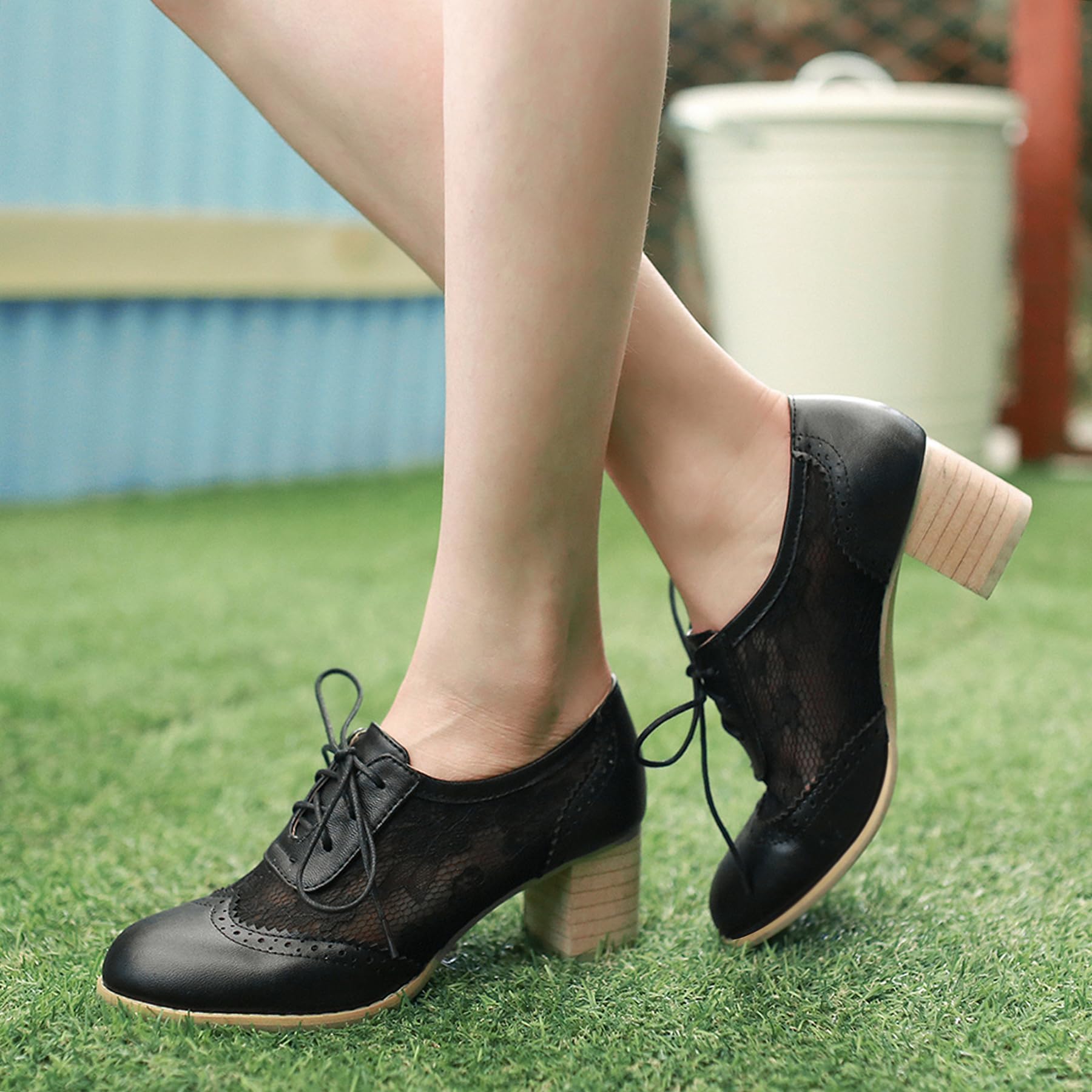 Gicoiz Brogue Oxford Tacón Ancho Mujer Cordones Clásica Derby