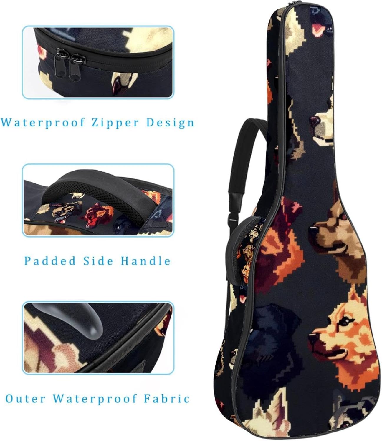 40 41 42 Inch Guitar Bags, Waterproof Padded Acoustic Guitar Case Backpack with Adjustable Shoulder Strap & Pockets, Cute Pixel Dogs