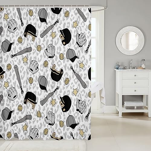 Miniatura 9 de Cortina de baño temática de béisbol con estampado de leopardo negro y gris, cortina de ducha para niños y niñas, decoración de la habitación de los