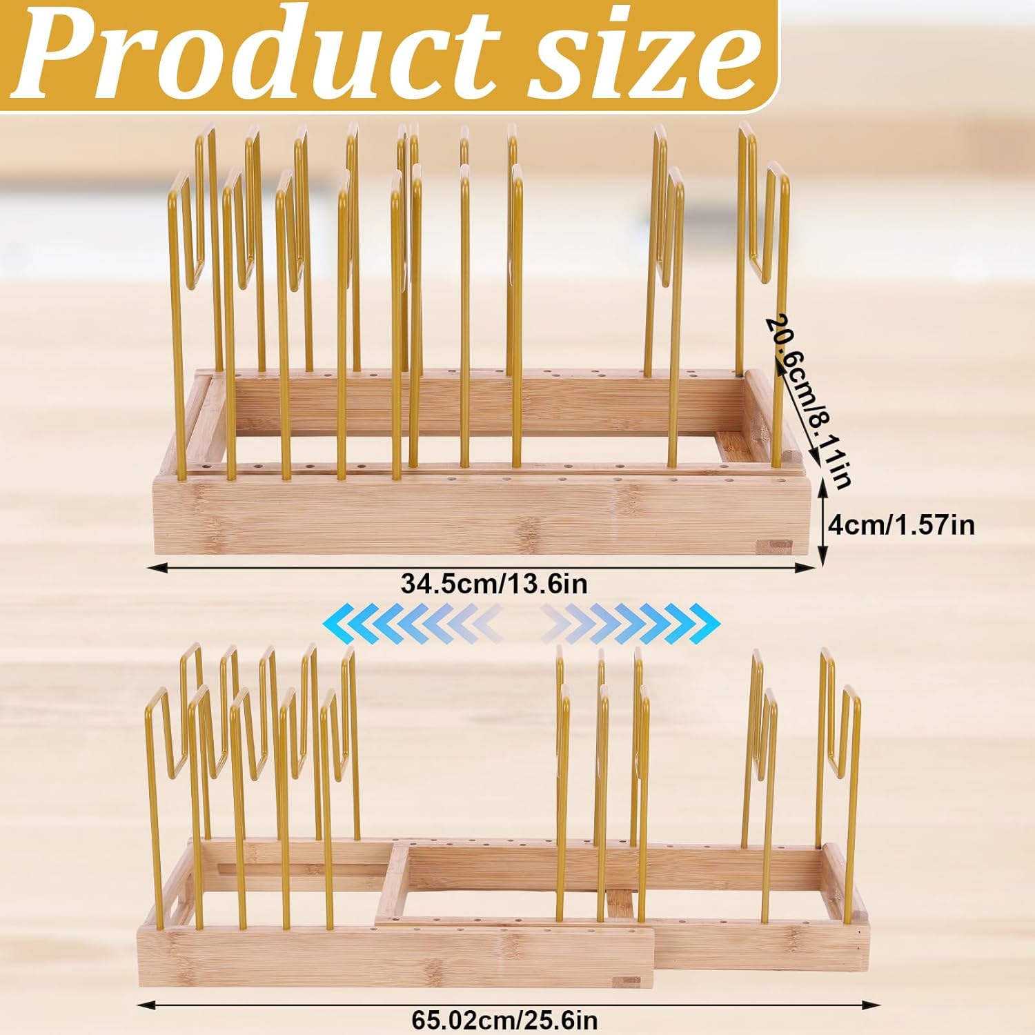 Bamboo Pot Lid Organizer Pot Lid Holder, Pot and Pan Organizer Drawer Organizer for Pot Lids, Pans, Cutting Boards & Baking Sheets, Dinner Plates, Reusable Containers in Cabinet Storage