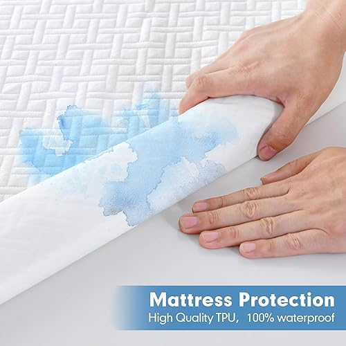 Miniatura 6 de Protector de colchón 100% impermeable, funda de colchón de bambú transpirable 3D de tela de aire refrescante con bolsillo profundo de 14 pulgadas,