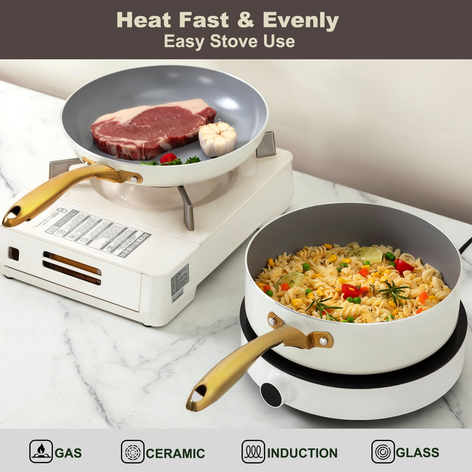 Set di pentole e padelle in ceramica, con coperchio, antiaderenti (senza PFAS, PFOA), cucina, a induzione, utilizzabile in forno, lavastoviglie, beige/bianco oro (crema, grigio, oro)