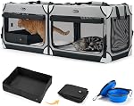 Veehoo Separable Double Cat Carrier for 2 Cats, 2-in-1 Foldable Pet Travel Carrier for 2 Small Dogs, Portable Soft Cat Crate for Indoor Outdoor, with Foldable Litter Box & Bowls, 120×43×43 cm, Grey