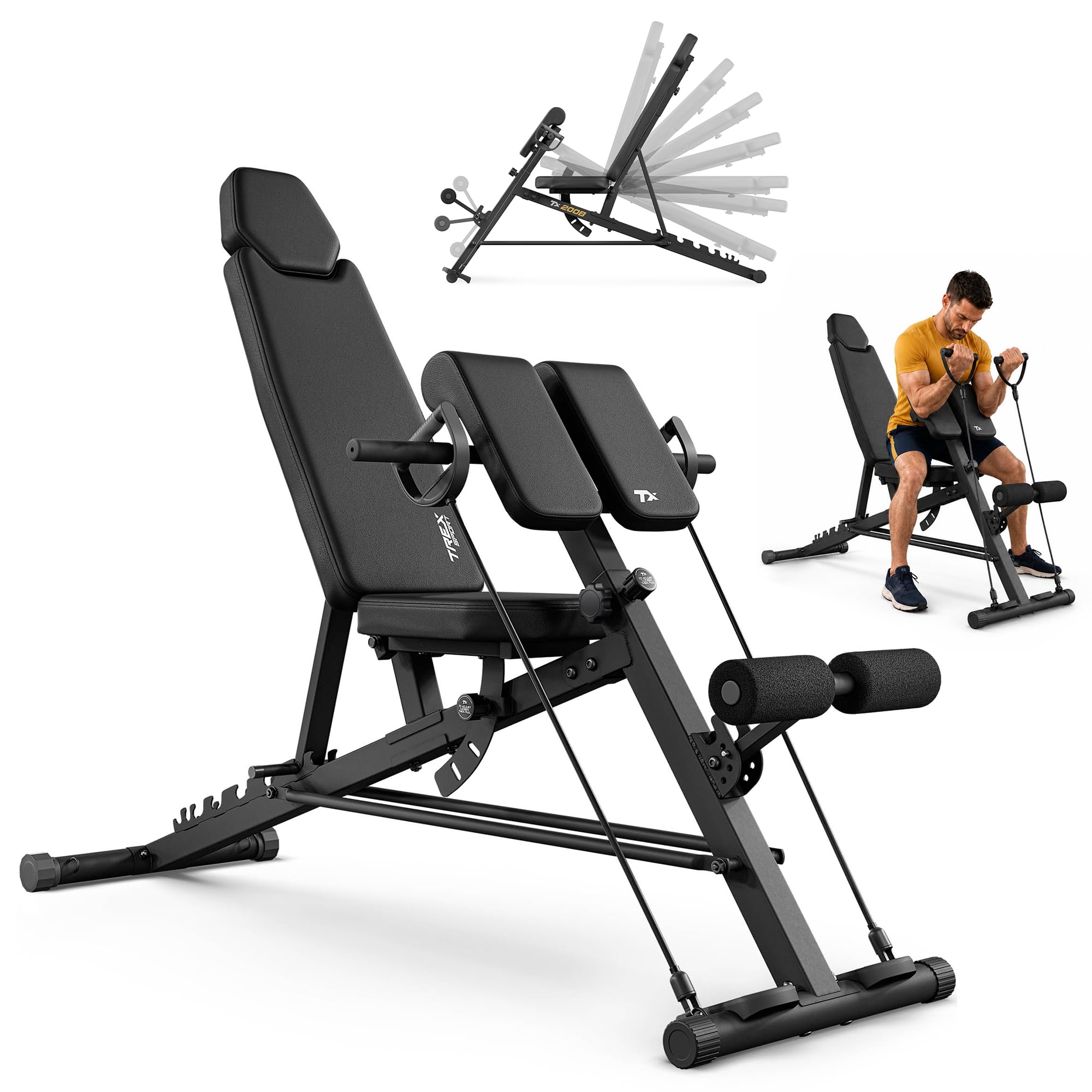 TREX SPORT Hantelbank verstellbar bis 250 kg mit Expander, Curlpult TX-200B | Multifunktions Trainingsbank, Flachbank für Ganzkörper-Workout, 8-Fach Verstellbare Rückenlehne & 3-Fach Verstellbarer Sitz