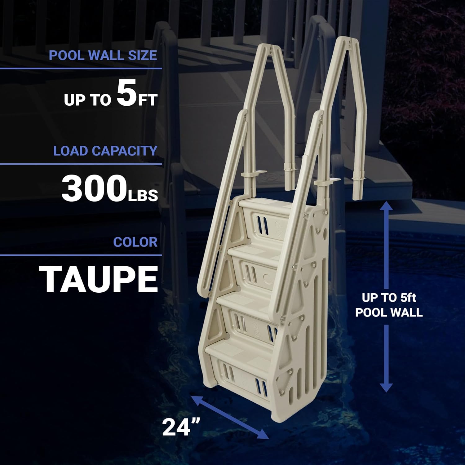 Vinyl Works Deluxe Adjustable 24 Inch Wide in Pool Step Ladder Entry System for Above Ground Swimming Pools with Non Slip Steps, Taupe