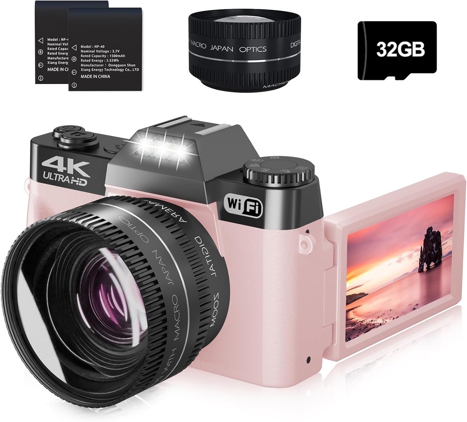 4K Digital Camera for Photography, 56MP Vlogging Camera for YouTube with 3″ 180° Flip Screen,16X Digital Zoom,Autofocus,52mm Wide Angle & Macro Lens,32GB TF Card and 2 Batteries Pink