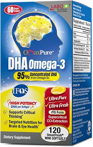 LABO Nutrition OmaxPure DHA Omega 3 Aceite de pescado  Suplemento de ácidos grasos rTG Omega 3 de alta resistencia con DHA y EPA - para cerebro,