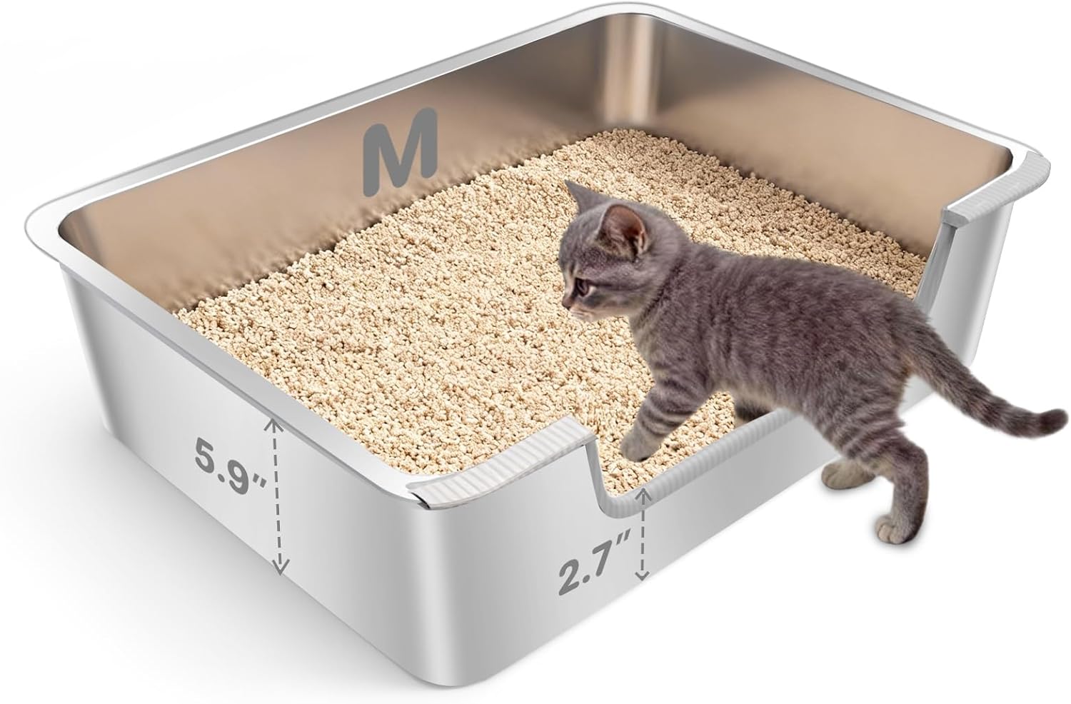 Low Entry Litter Box for Senior or Disabled & Injured Cats, Stainless Steel High Sided Enclosed Easy Step in Entry-Metal Kitty Litter Box for Kittens, Odor Control (17.7"x13.8"x5.9")