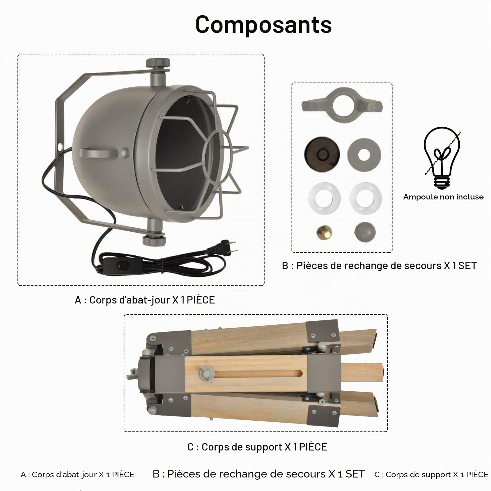 B·LED BARCELONA LED BarcelonaLED Lampe de Table Trépied Hauteur Réglable en Bois Design Vintage Industriel avec Projecteur Orientable Gris Culot E27 pour Chambre Tête de Lit Salon Studio