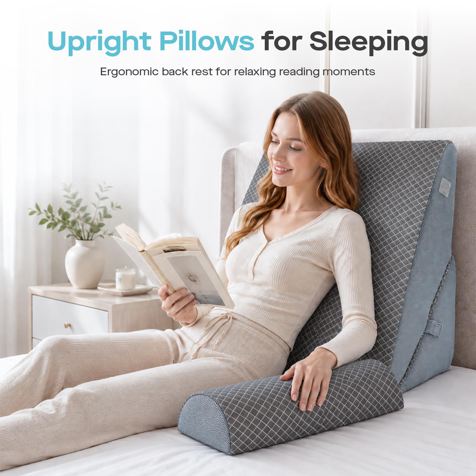 Agrish Almohada cuña refrescante para Adultos | Almohada cuña 3 en 1 de espuma viscoelástica, almohada inclinada para dormir, soporte lumbar para sentarse en la cama