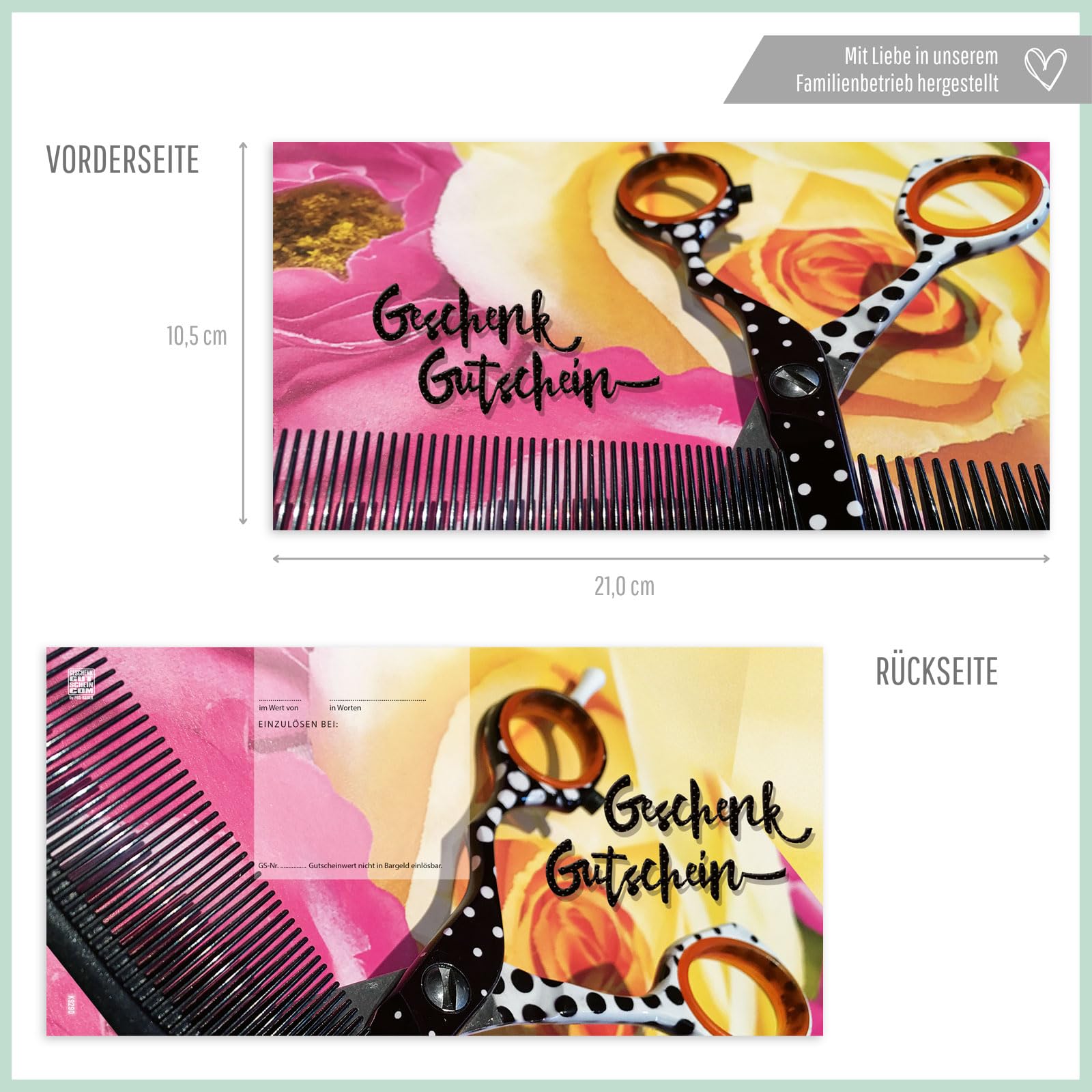 GESCHENKGUTSCHEINcom - 100 Geschenkgutscheine mit Umschlag - Formulare mit Motiv für Friseursalon Friseur Coiffure. Friseurgutschein K92901-100-V1
