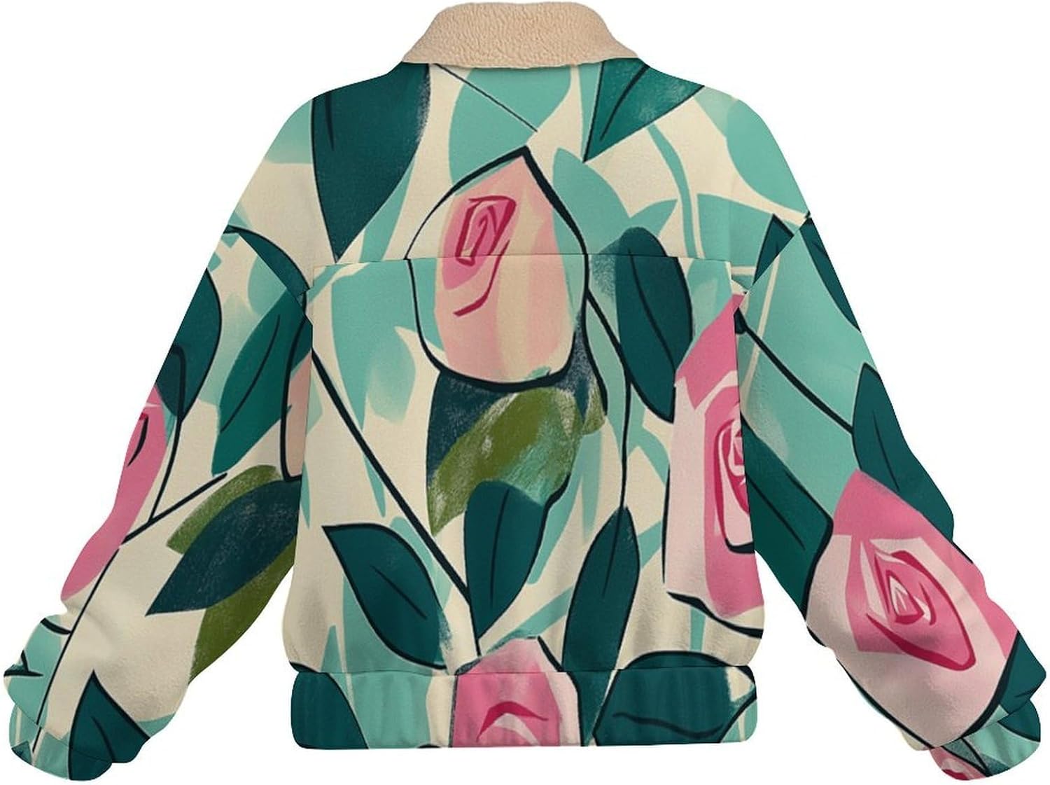 Women Winter Sherpa Lined Fleece Jacket, Long Sleeve Zip Up Rose leaves Cropped Coats Warm Soft Polar Outwear