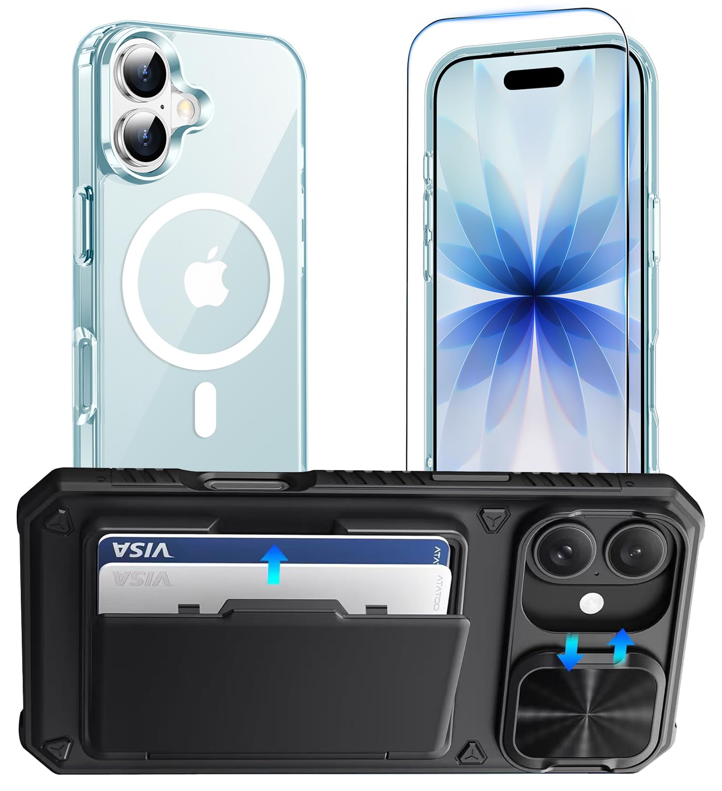 Temdan Flip Case for iPhone 17 Case Clear with Screen Protector, Wallet Case with Card Holder, Military-Grade Protection, Credit Slots Kickstand, Shockproof Slim Magnetic Phone Case Cover, Blue