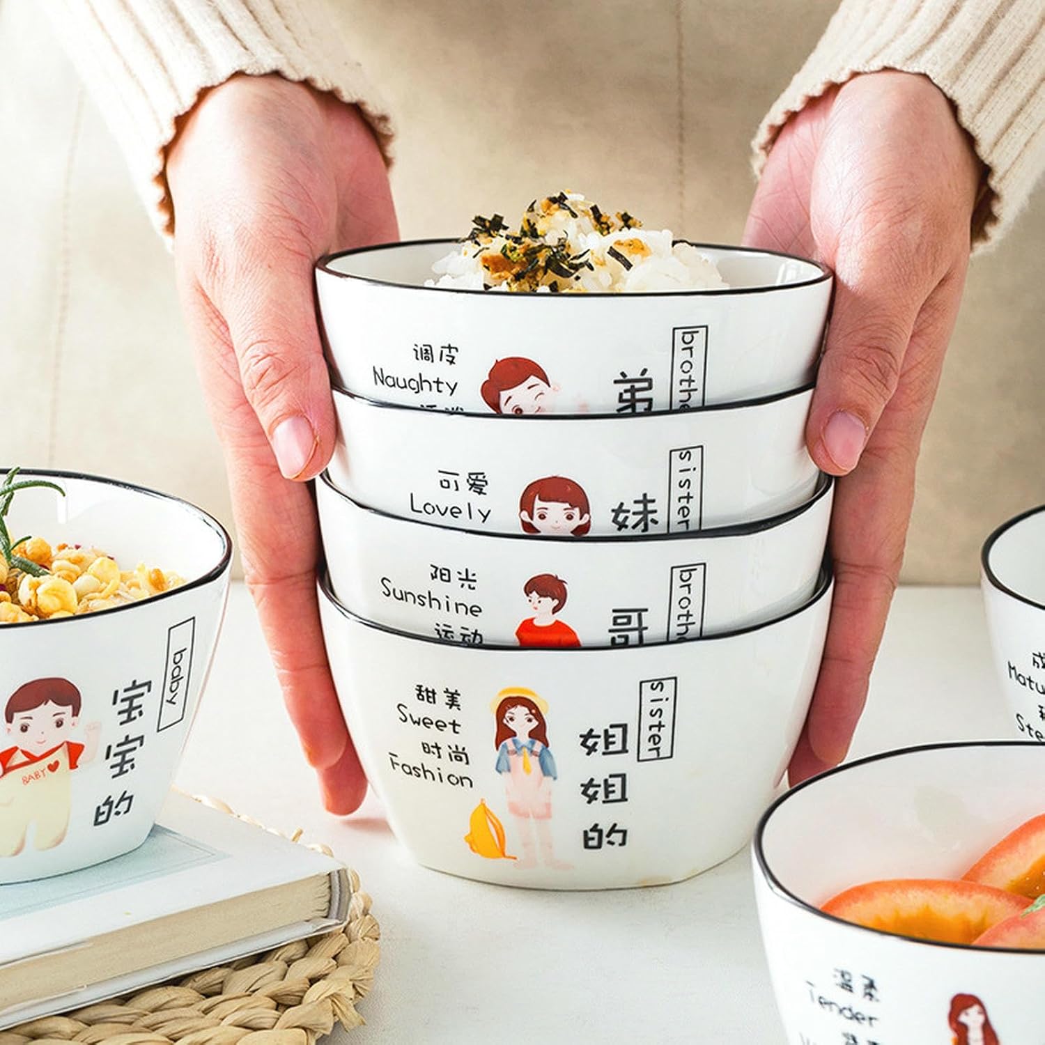 Vintage Rice Bowls ，Ceramic Tableware Rice BowlNordic wind household exquisite high-temperature resistant glazed color creative cartoon rice bowl(Dad+Mom+Sister+Brother)