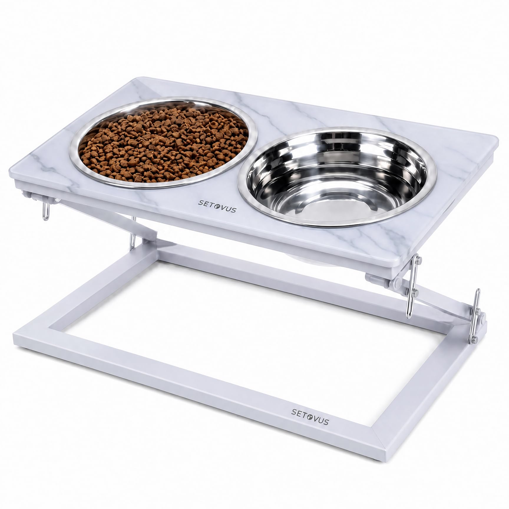 Erhöhter Hundenapf, verstellbarer erhöhter Hundenapfständer mit 2 Edelstahl-Futternäpfen, 20° geneigte Wassernäpfe für kleine Hunde und Katzen (Kunstmarmor (weiß), Größe S