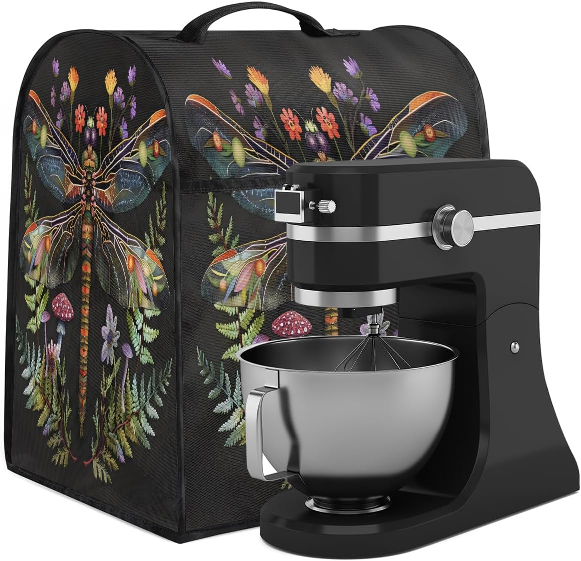 Color Dragonfly Flower Mushroom Kitchen Aid Mixer Cover Compatible with 6-8 Quarts Stand Mixer Dust Cover with Zipper Pocket Kitchen Aid Mixer Accessories Kitchen Appliance Organizer Bag