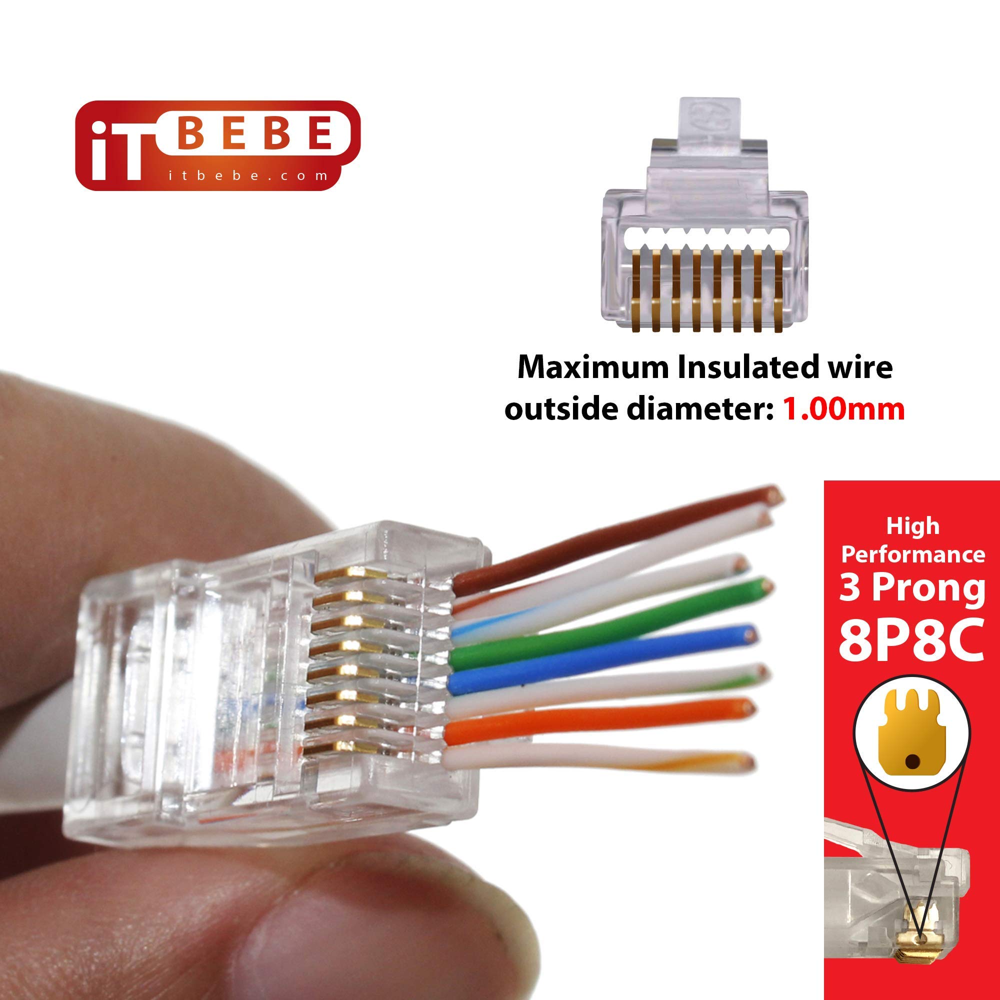 ITBEBE 300 sztuk – pozłacane RJ45 Cat5, wtyczka przelotowa Cat5e – 3 ząbki 3U przejście 8P8C UTP
