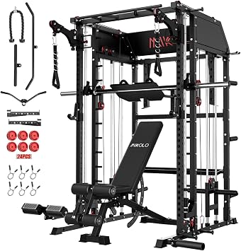 Mikolo Smith Machine, Multi-Function Power Cage with Dual Pulley System, Vertical Leg Press Attachment, Squat Rack Power Rack with More Training Attachment for Home Gym