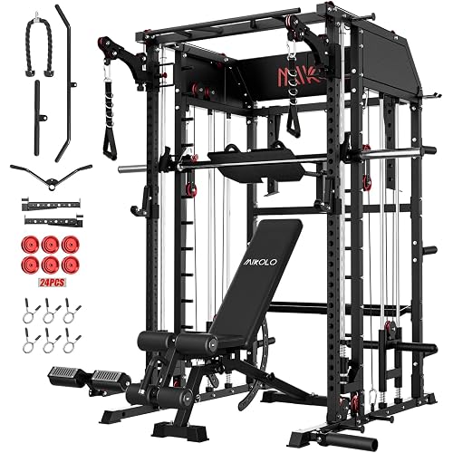 Mikolo Smith Machine, Multi-Function Power Cage with Dual Pulley System, Vertical Leg Press Attachment, Squat Rack Power Rack with More Training Attachment for Home Gym
