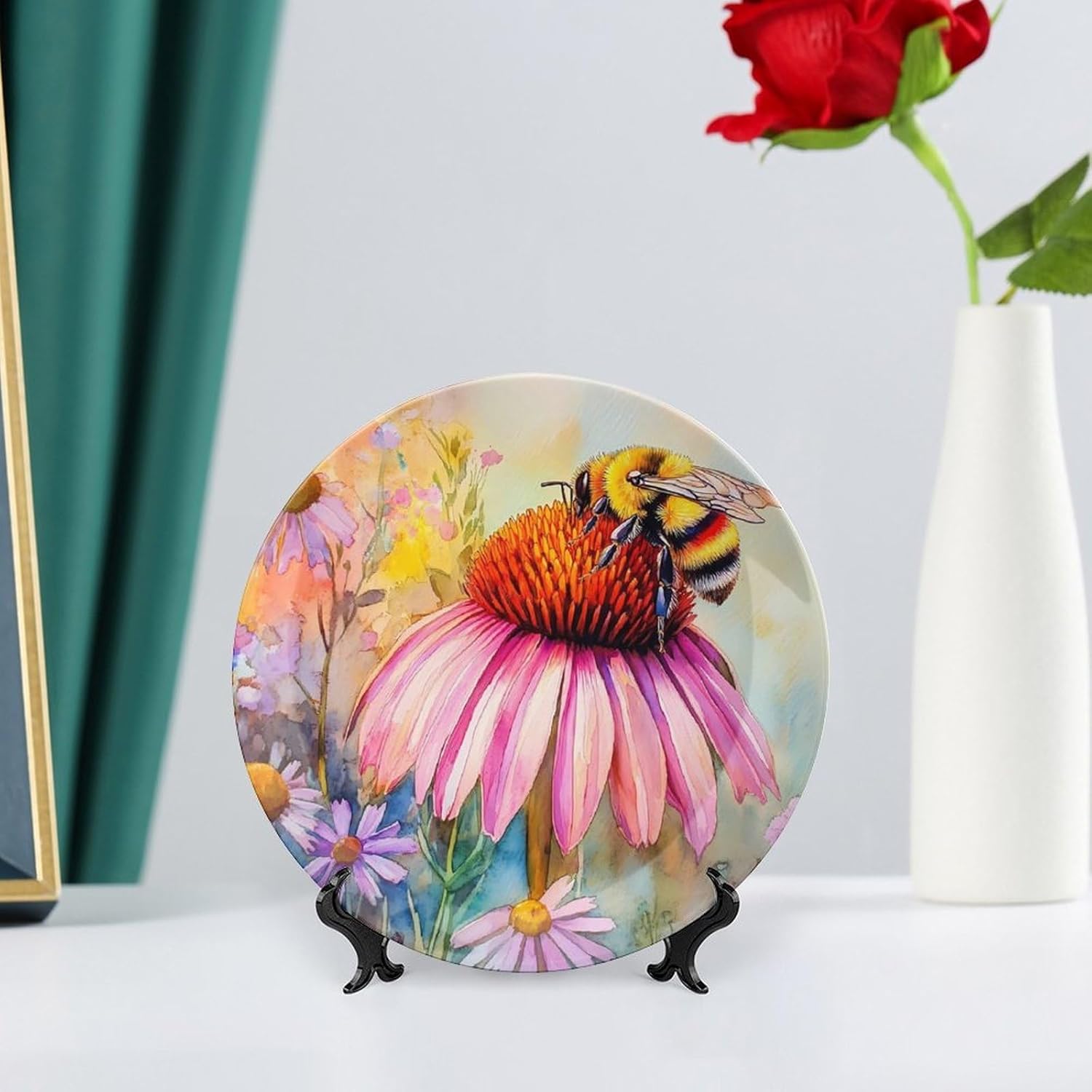 Bee Flowers Bone China Decorative Plate with Stand Home Dessert Plates Gift for Men Women 7inch