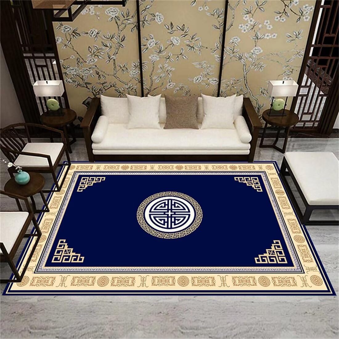Tapis de salon bleu rétro pour créer un couloir accueillant