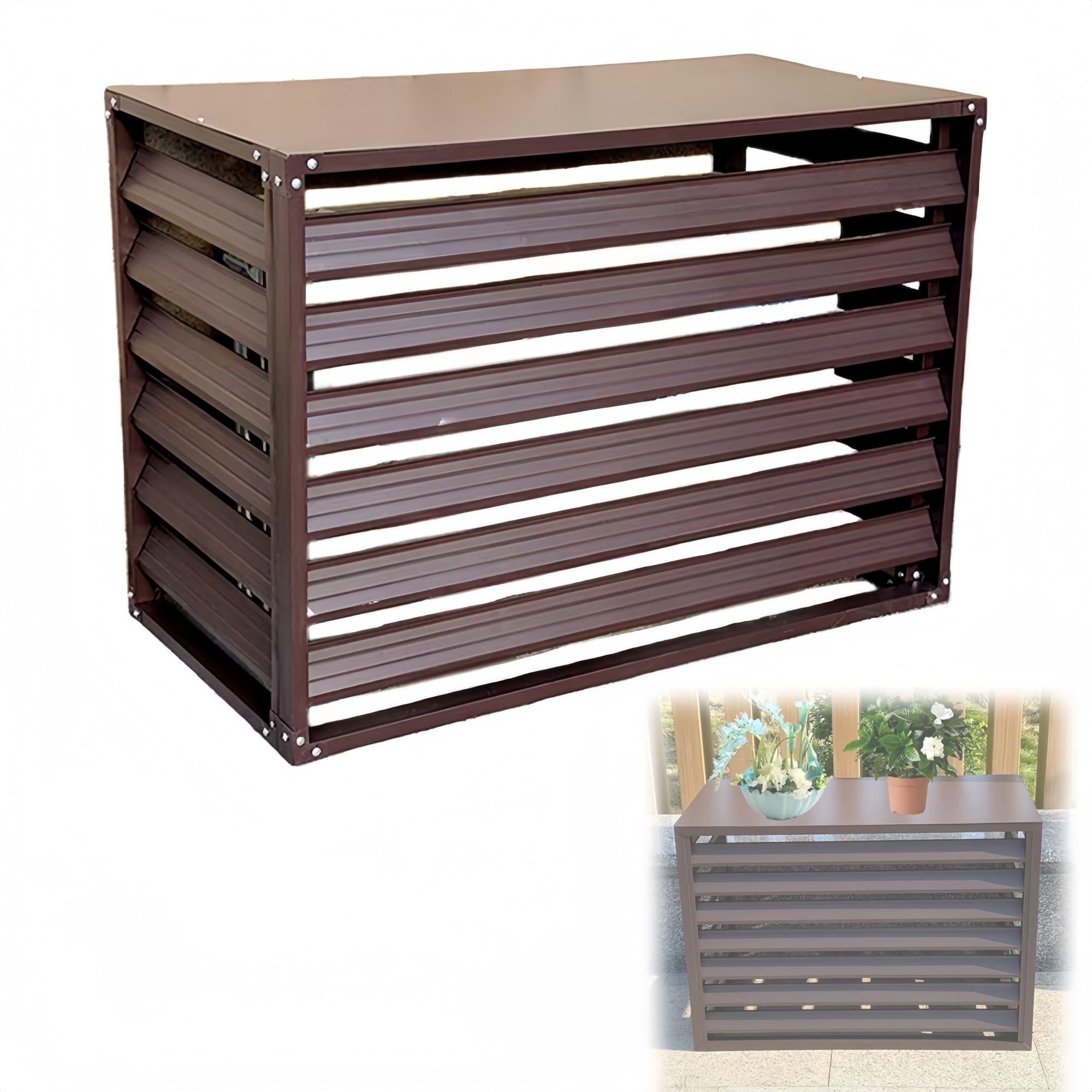 Brązowa zewnętrzna osłona klimatyzatora, wodoodporna dekoracyjna aluminiowa ochrona pompy ciepła, pasuje do 110 x 80 x 60 cm, idealna osłona do skraplacza i ogrodzenia, trwała odporność na warunki