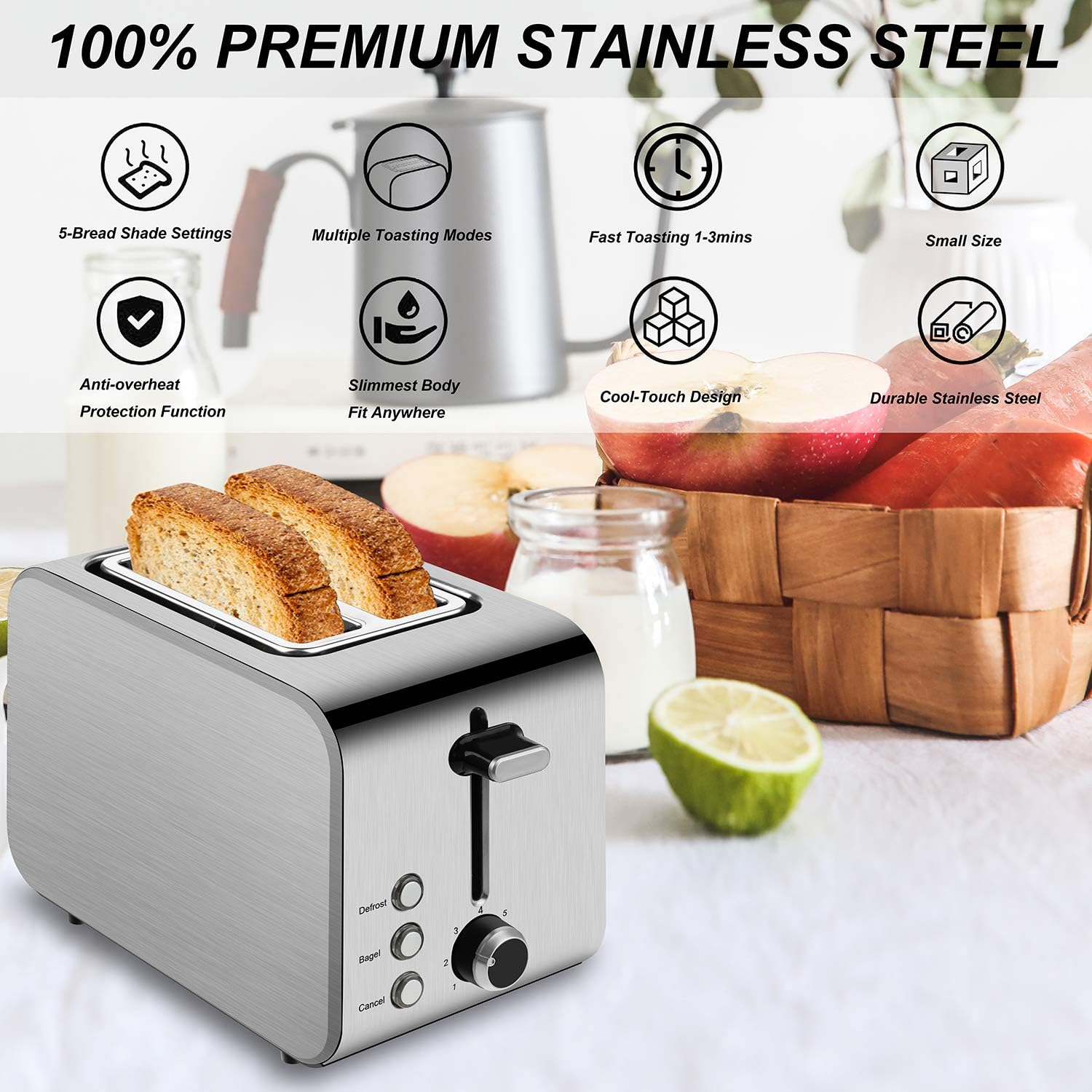 Toaster 2 Slice Best Rated Prime Toasters 1.5in Wide Slot Toaster 2 Slice Stainless Steel Toaster 7 Shade Settings Toasters Defrost/Begal/Cancel with Removable Crumb Tray Small Retro Evenly Toaster