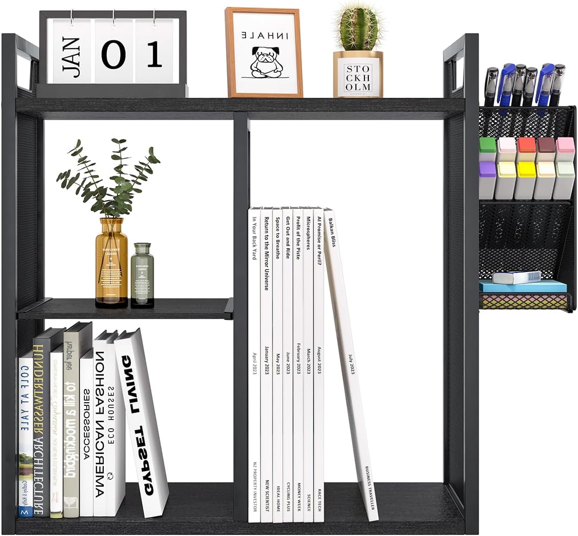PAG Desktop Shelf Freestanding Bookshelf with Pencil Holder, Office Supplies Organizers and Accessories Storage Display Rack, Black