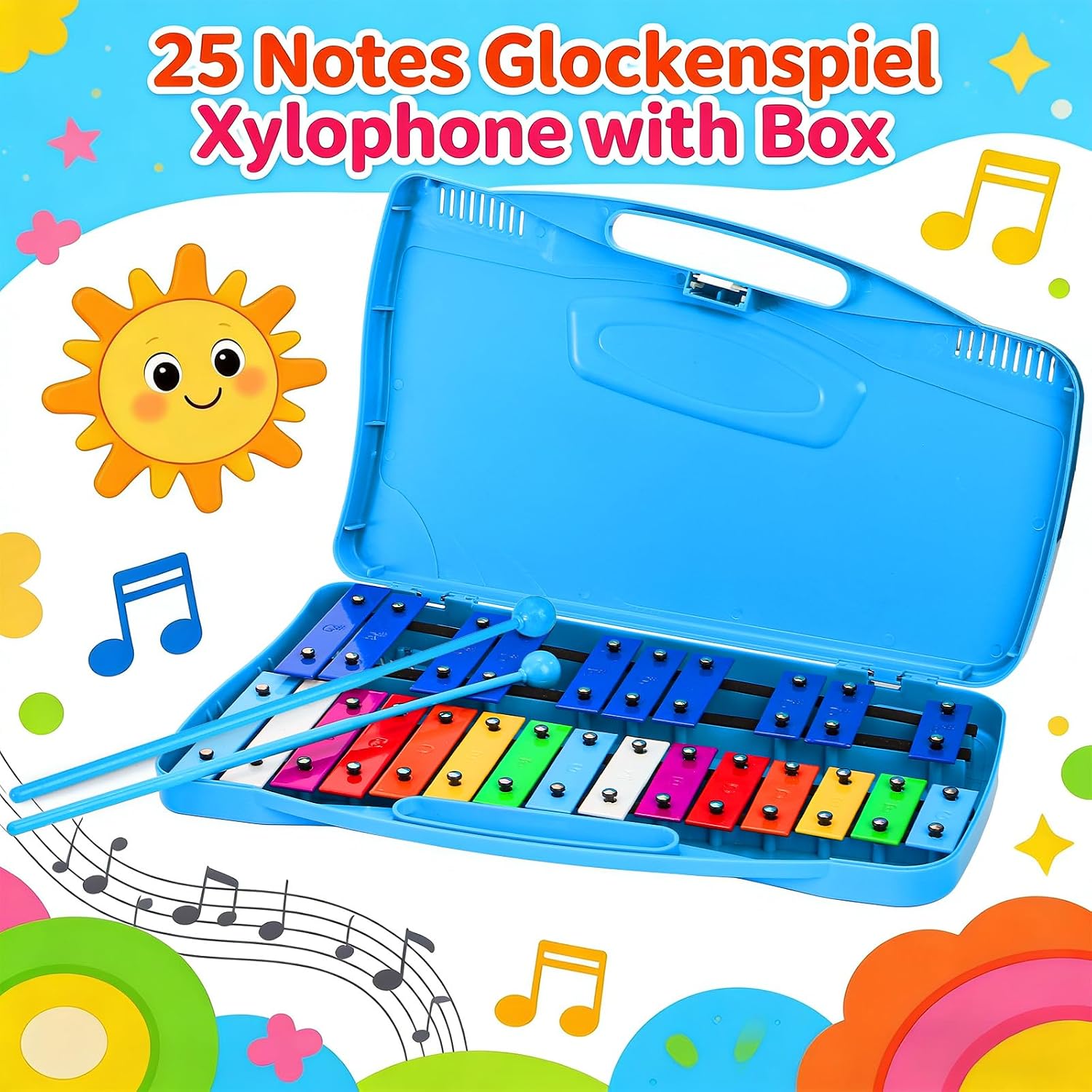 Foraineam Xylophone, 25 Notes Colorful Metal Keys Glockenspiel Xylophone, Percussion Musical Instrument with Carry Case and 2 Safe Mallets for Beginners