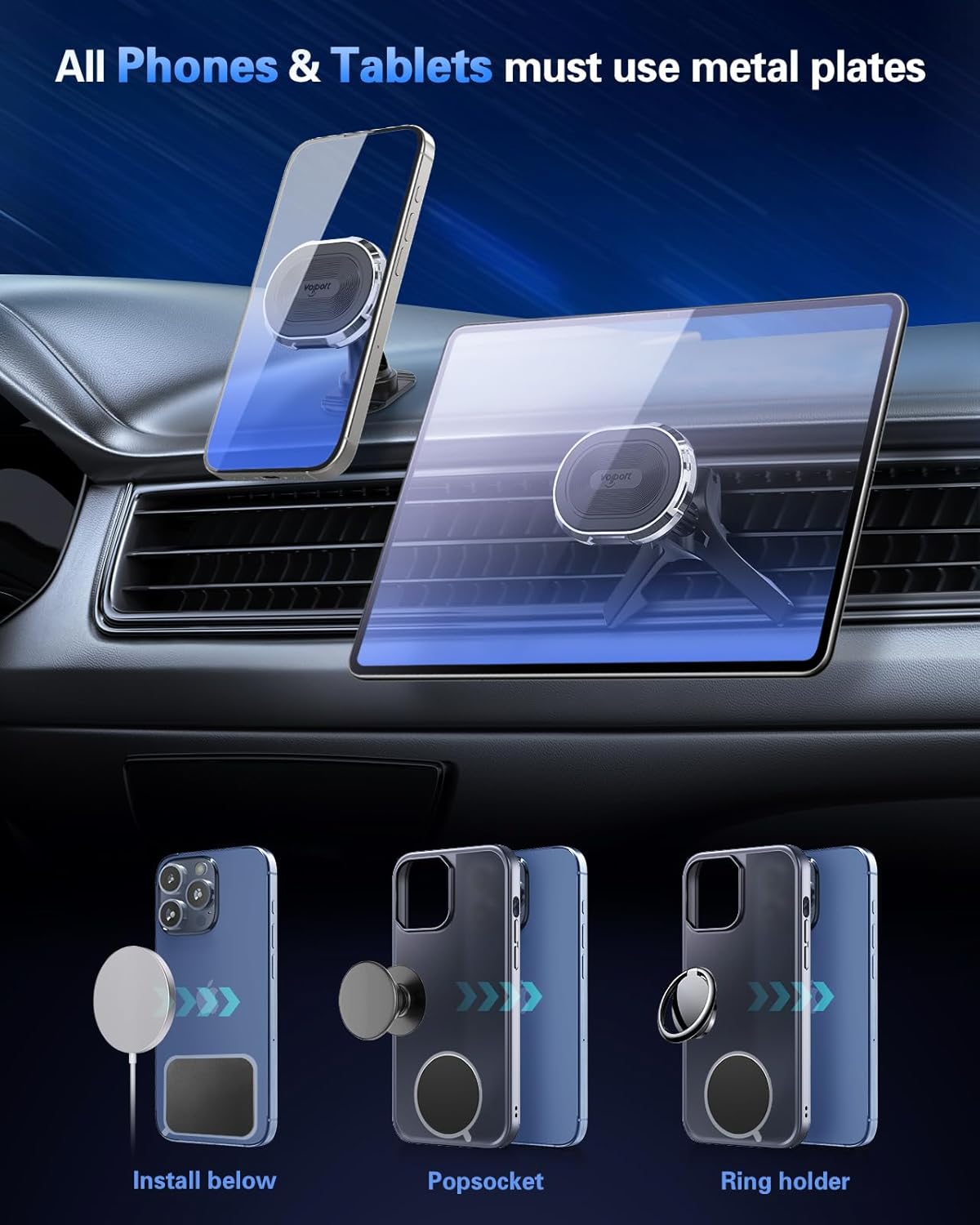 volport Magnetic Phone Mount for Car [Vent & Dashboard]: Strong Magnet Holder for Round/Horizontal/Vertical Air Vent, for iPhone 16/15/14/13/12 Pro Max Plus Samsung S24 Ultra All Cell Phone & Tablets - Image 8