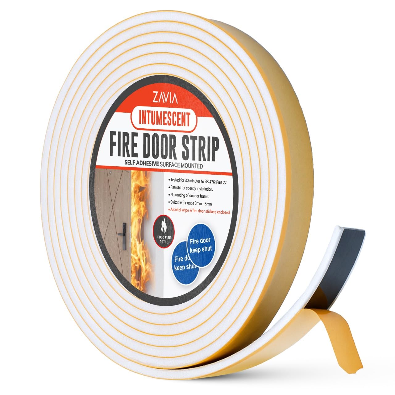 Intumescent Strip for Fire Doors | Smoke Seal with Brush 5.2M Long | Self-Adhesive Fire Door Seal | Draught Excluder Sealing Tape | FD30 Approved Doors Strips (White)