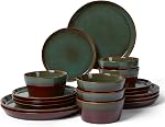 Pokini Stoneware Dinnerware Set for 4, 12PCS Plates and Bowls Set, Microwave & Dishwasher Safe Dinner Set, Modern Handmade Durable Dish Sets, Green Wheat
