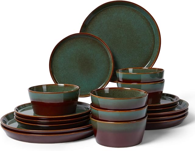 Pokini Stoneware Dinnerware Set for 6, 18PCS Plates and Bowls Set, Microwave & Dishwasher Safe Dinner Set, Modern Handmade Durable Dish Sets, Brown Green
